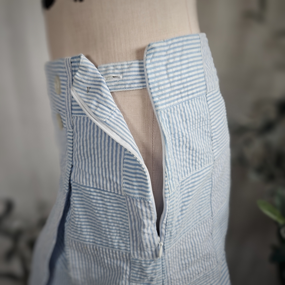 Striped Patchwork Light Blue Pencil Skirt Skort with Button Detail - Picture 4 of 10